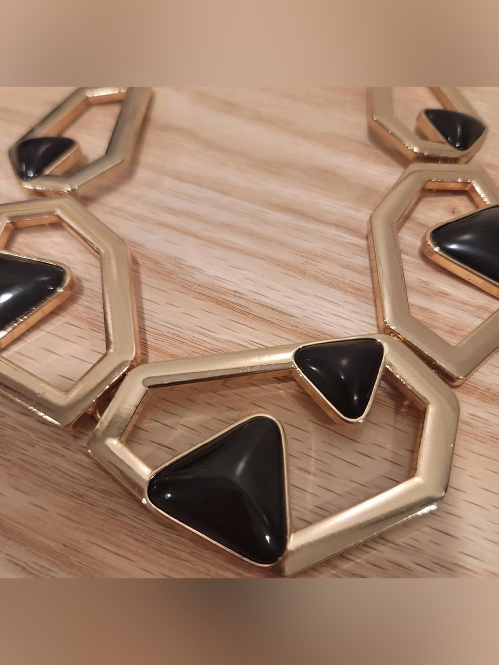 Gold-Tone Geometric Modern Contemporary Necklace with Black Stone Accents